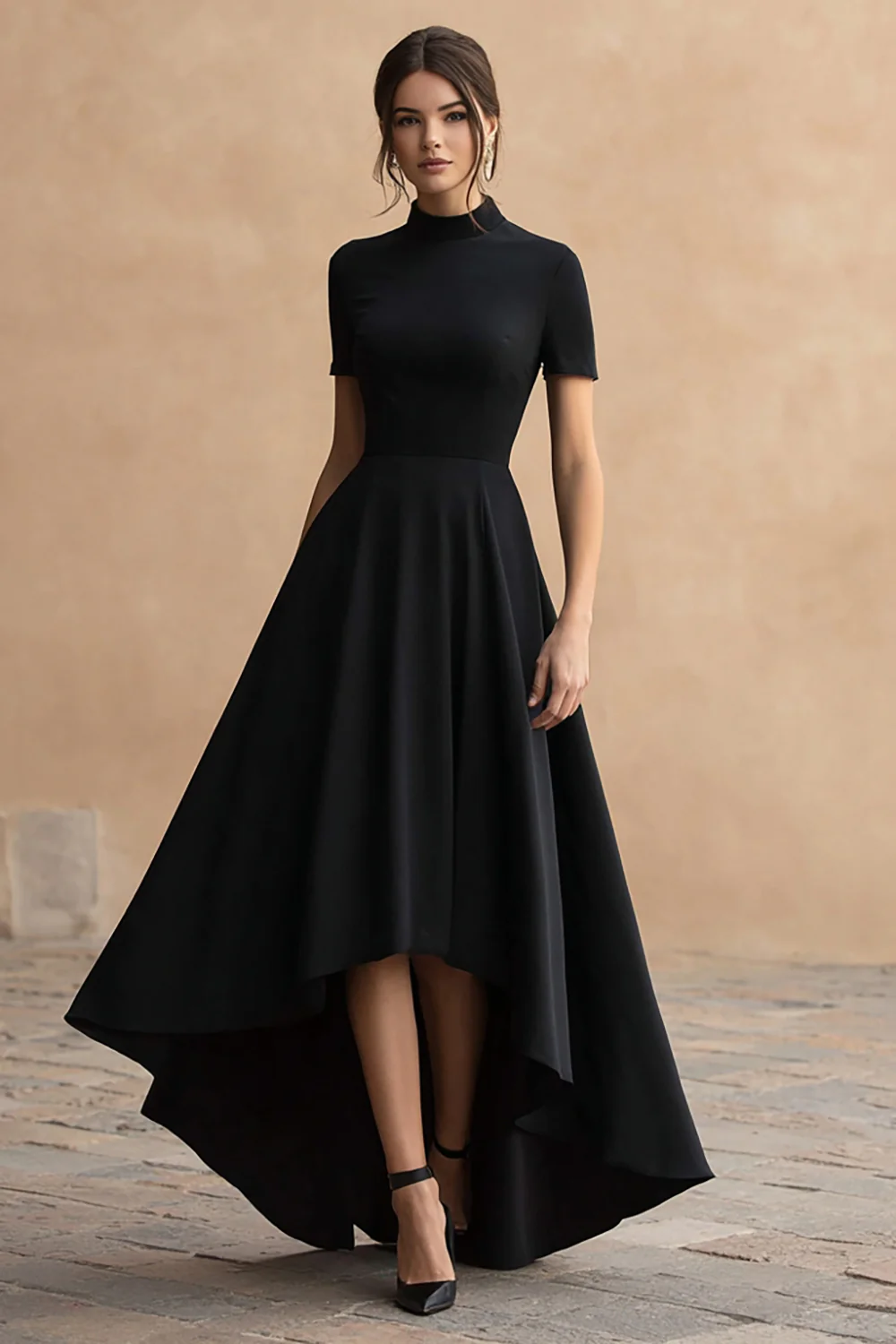 Black Satin High Neck A-Line Short Sleeves High-Low Formal Dress - VNBITS