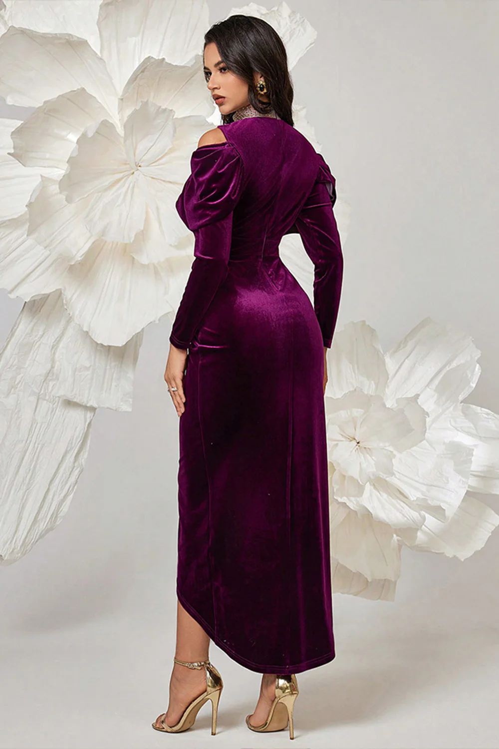 Dark Purple Velvet Bodycon High Neck Ruched Long Sleeves Prom Dress - VNBITS