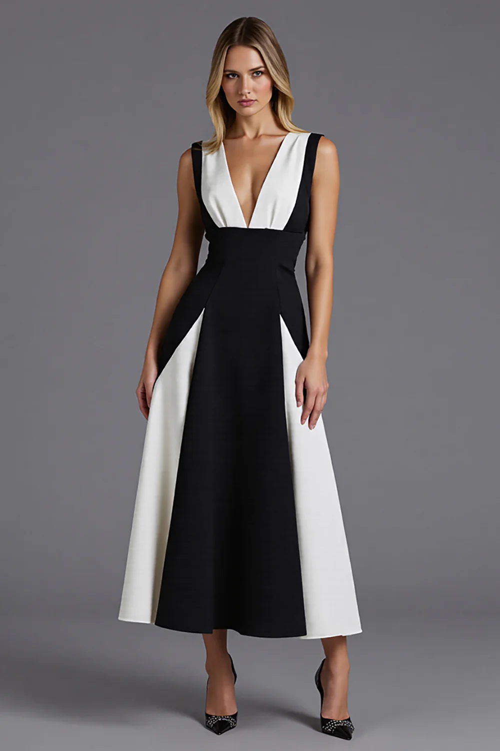 Black and White Patchwork Satin A Line V-Neck Long Formal Dress - VNBITS