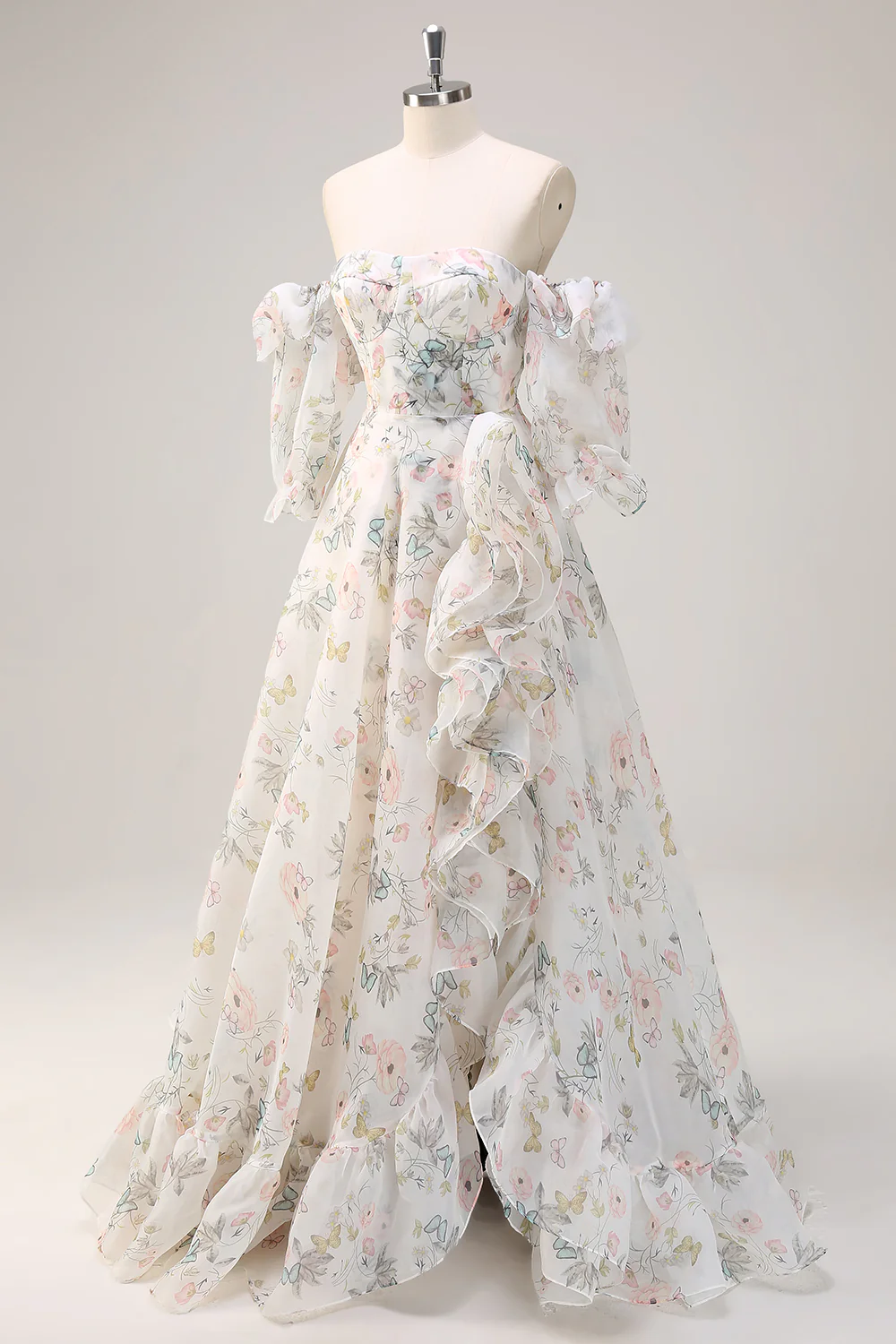 White Floral A-Line Off The Shoulder Ruffles Long Prom Dress with Slit - VNBITS