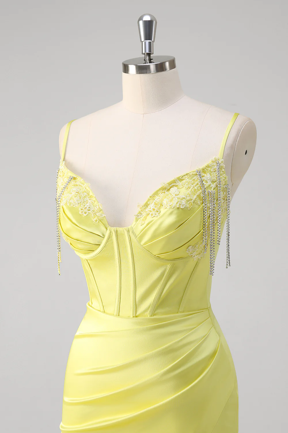 Yellow Mermaid Beaded Applique Spaghetti Straps Long Prom Dress with Slit - VNBITS