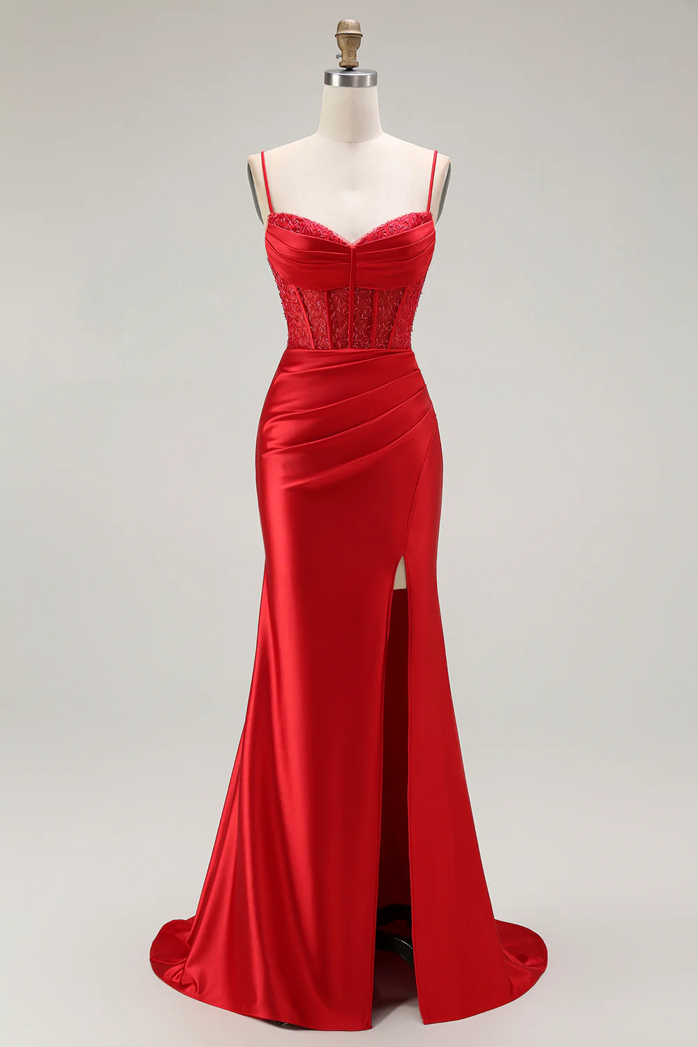 Sparkly Navy Satin Mermaid Long Corset Prom Dress with Beading - VNBITS