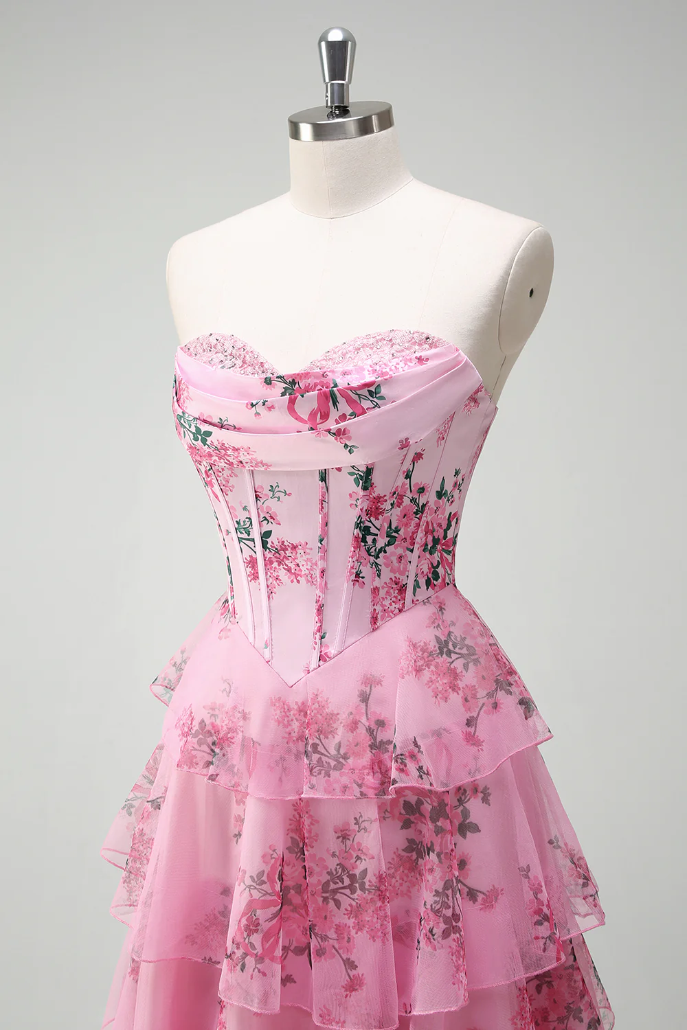 Blush Floral A-Line Tiered Sweetheart Long Prom Dress with Slit - VNBITS