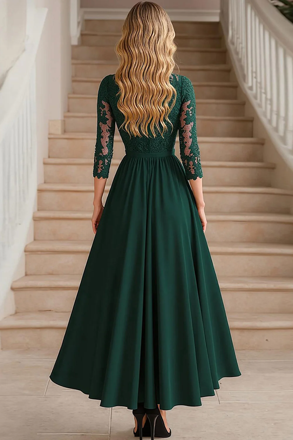 Elegant Dark Green A-Line V-neck Chiffon Long Mother of the Bride Dress with Lace Appliques - VNBITS