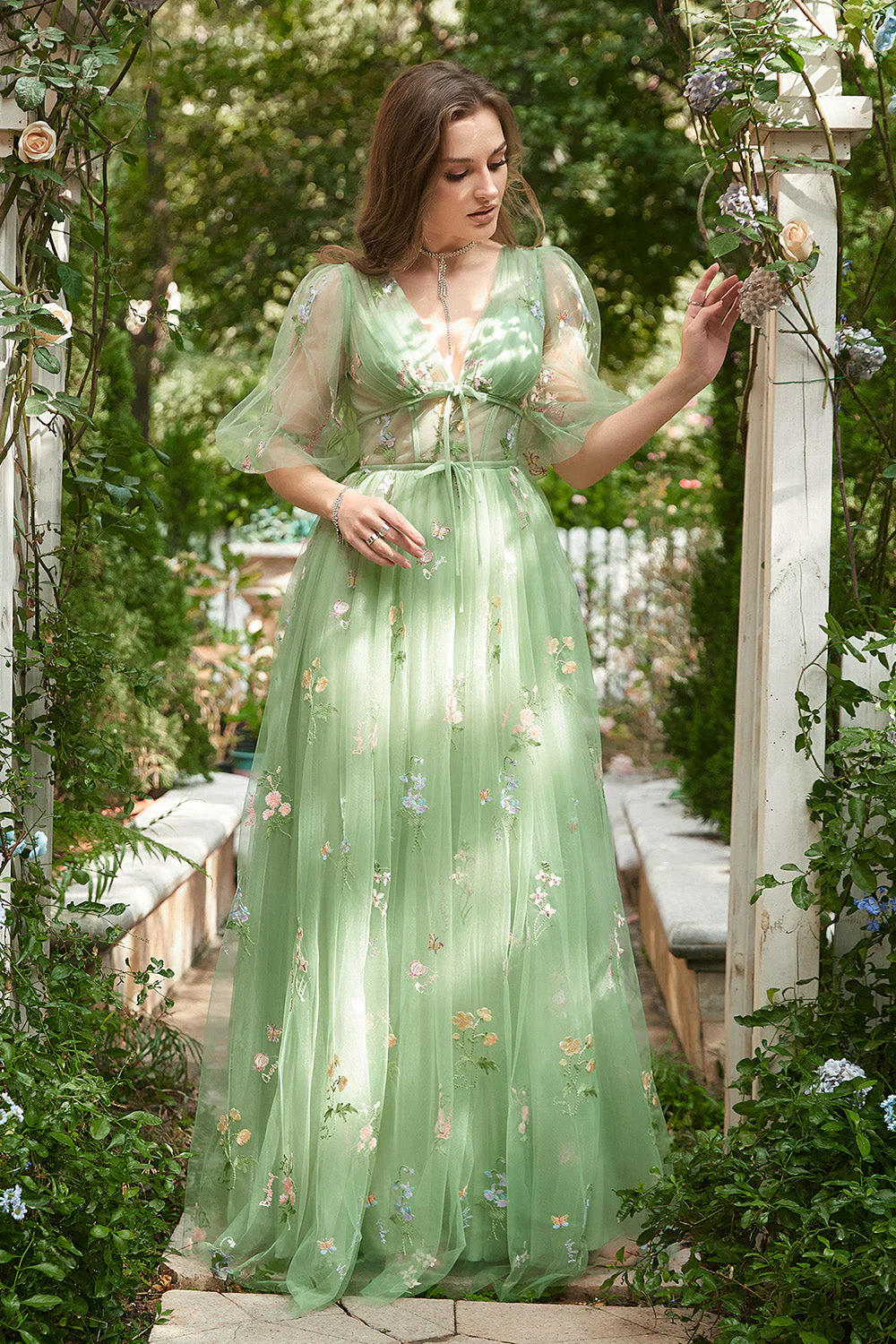 A-Line V-Neck Embroidery Green Long Prom Dress with Short Sleeves - VNBITS