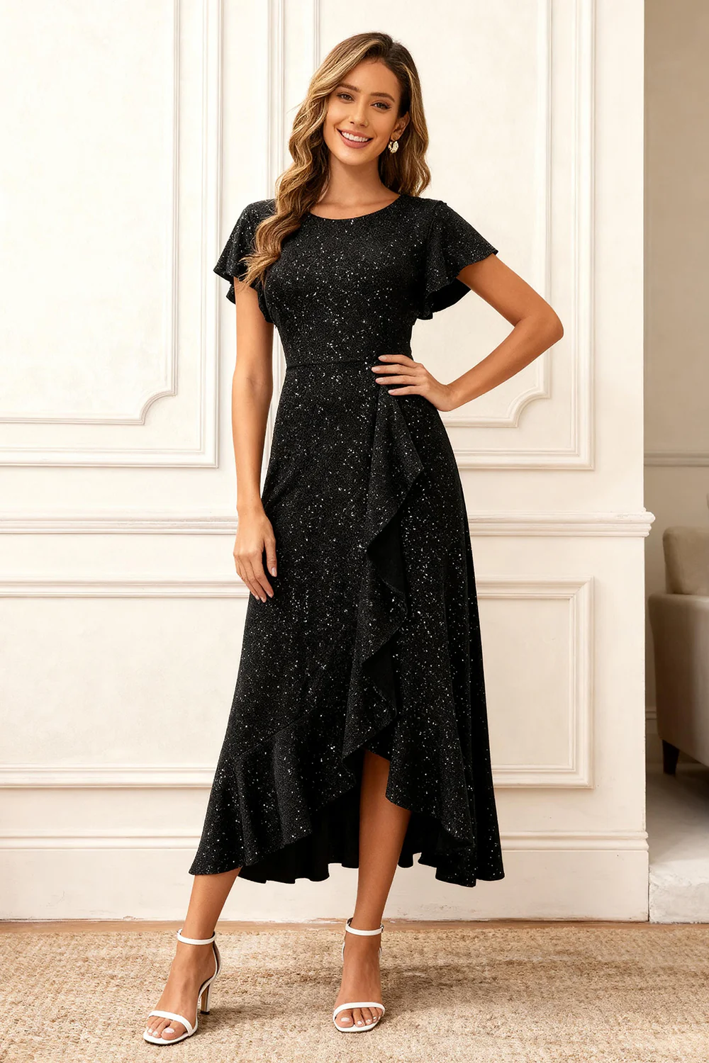 Black Round Neck Midi Glitter Holiday Party Dress with Sleeves - VNBITS
