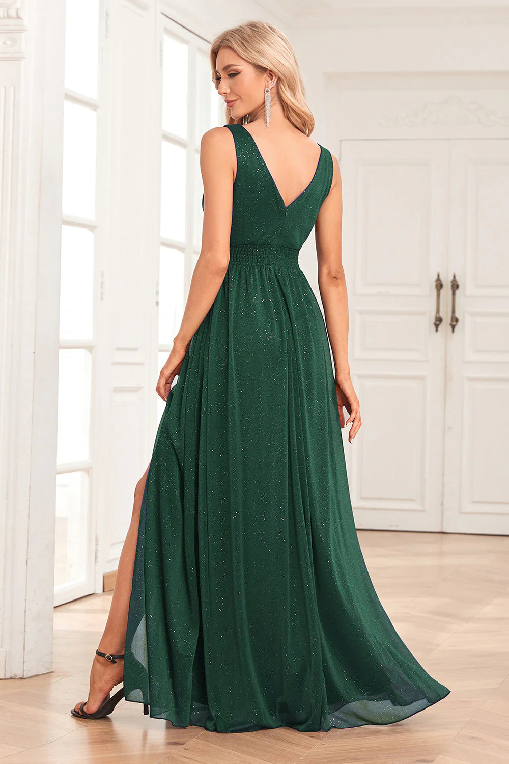 A-Line Sparkly V-Neck Dark Green Prom Dress with Slit - VNBITS