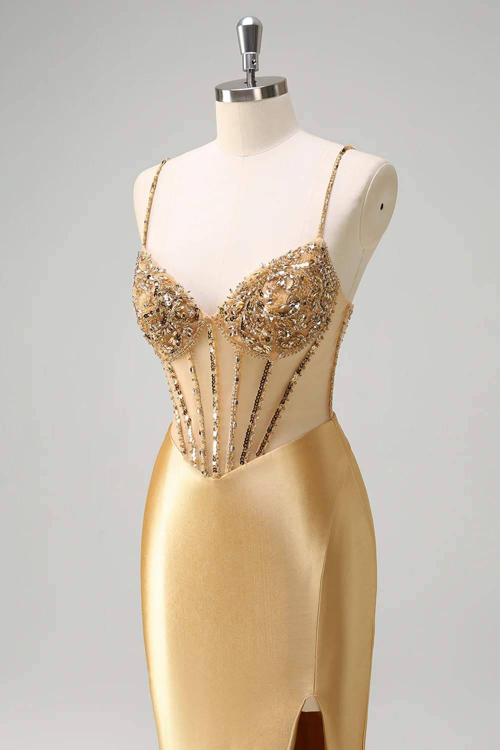 Golden Mermaid Sequined Spaghetti Straps Long Prom Dress with Slit - VNBITS