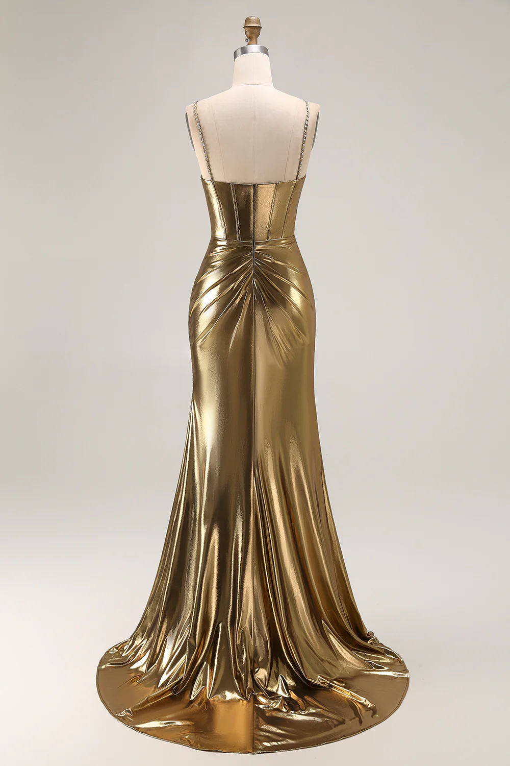 Sparkly Golden Metallic Corset Mermaid Long Prom Dress with Slit - VNBITS