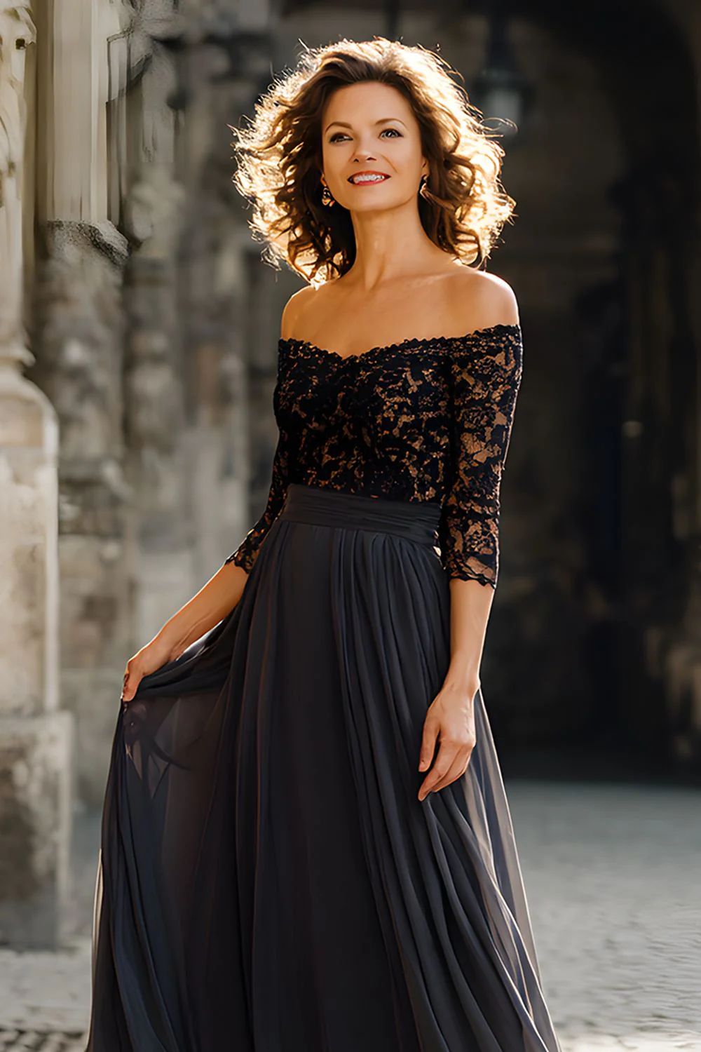 Black Off the Shoulder Chiffon Long Mother of the Bride Dress with Lace - VNBITS