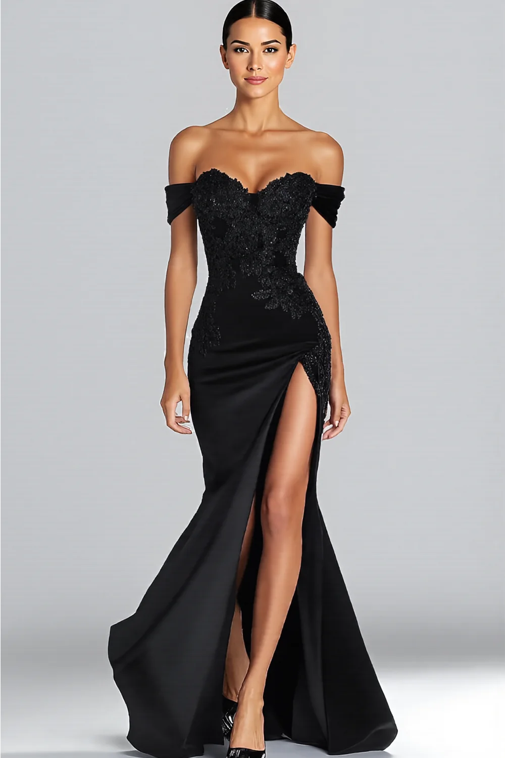 Sparkly Off the Shoulder Mermaid Long Satin Black Tie Dress with Slit - VNBITS