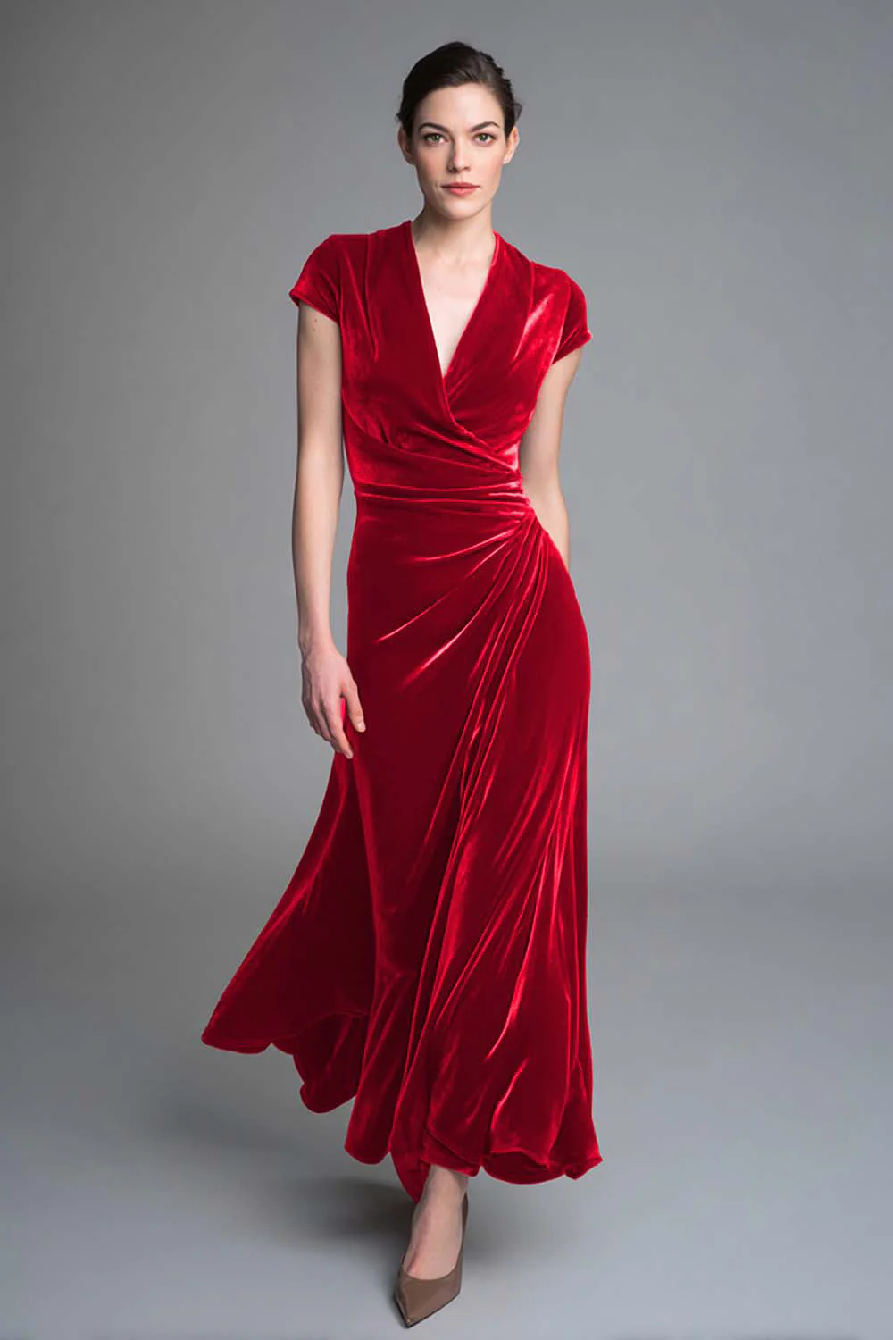 Caramel Velvet Ruched V Neck Long Holiday Party Dress with Sleeves - VNBITS