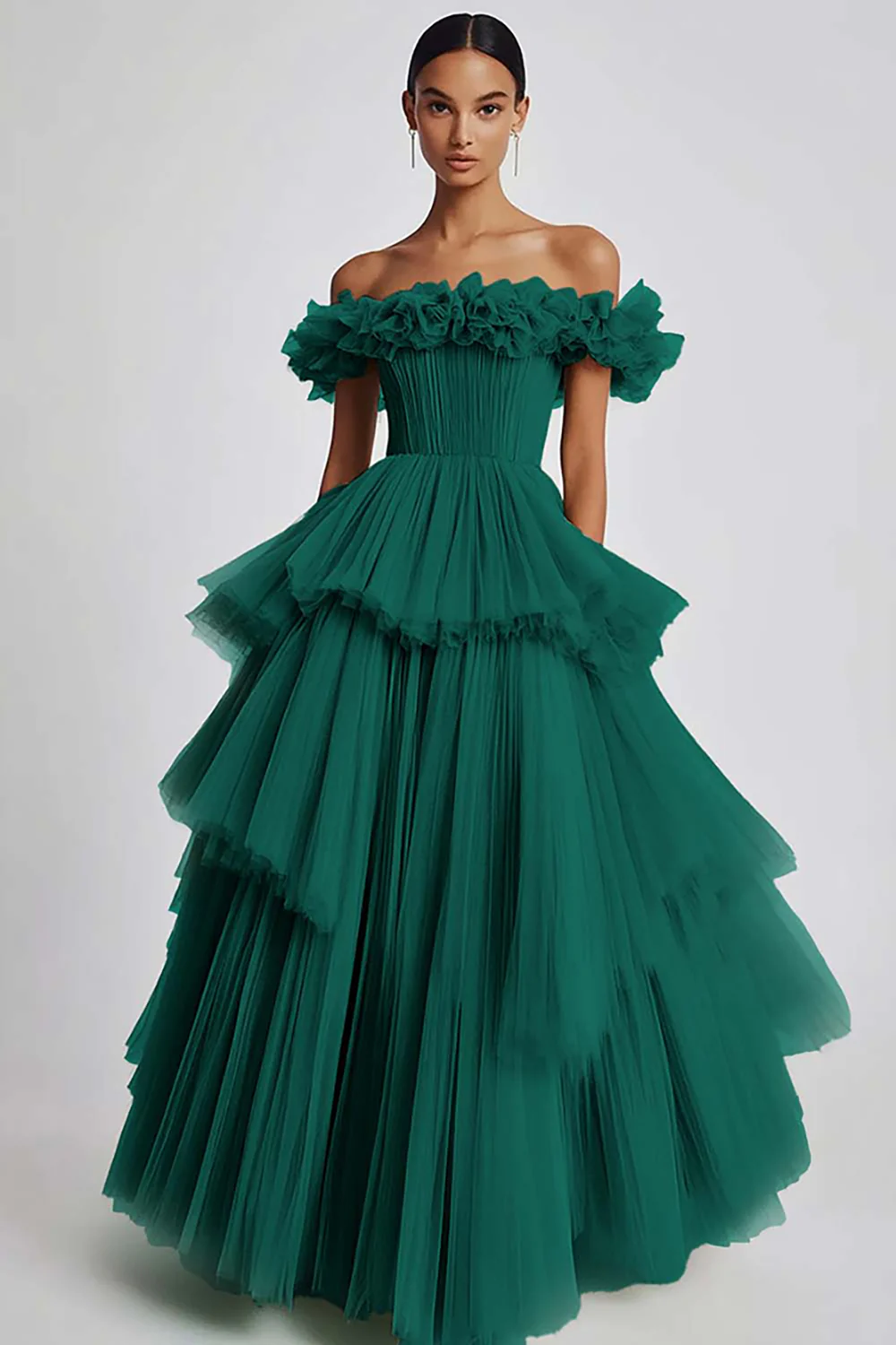 Dusty Sage Tulle Off the Shoulder Long Formal Dress with Ruffles - VNBITS