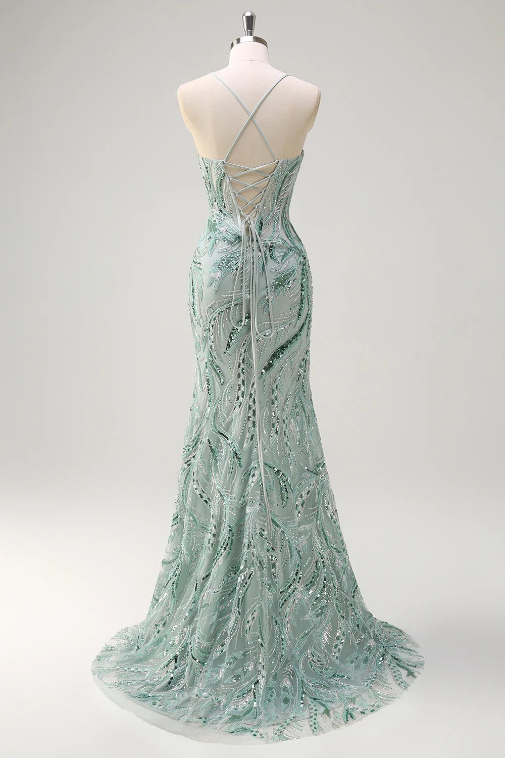 Sparkly Sage Mermaid Sequined Beaded Spaghetti Straps Long Prom Dress - VNBITS