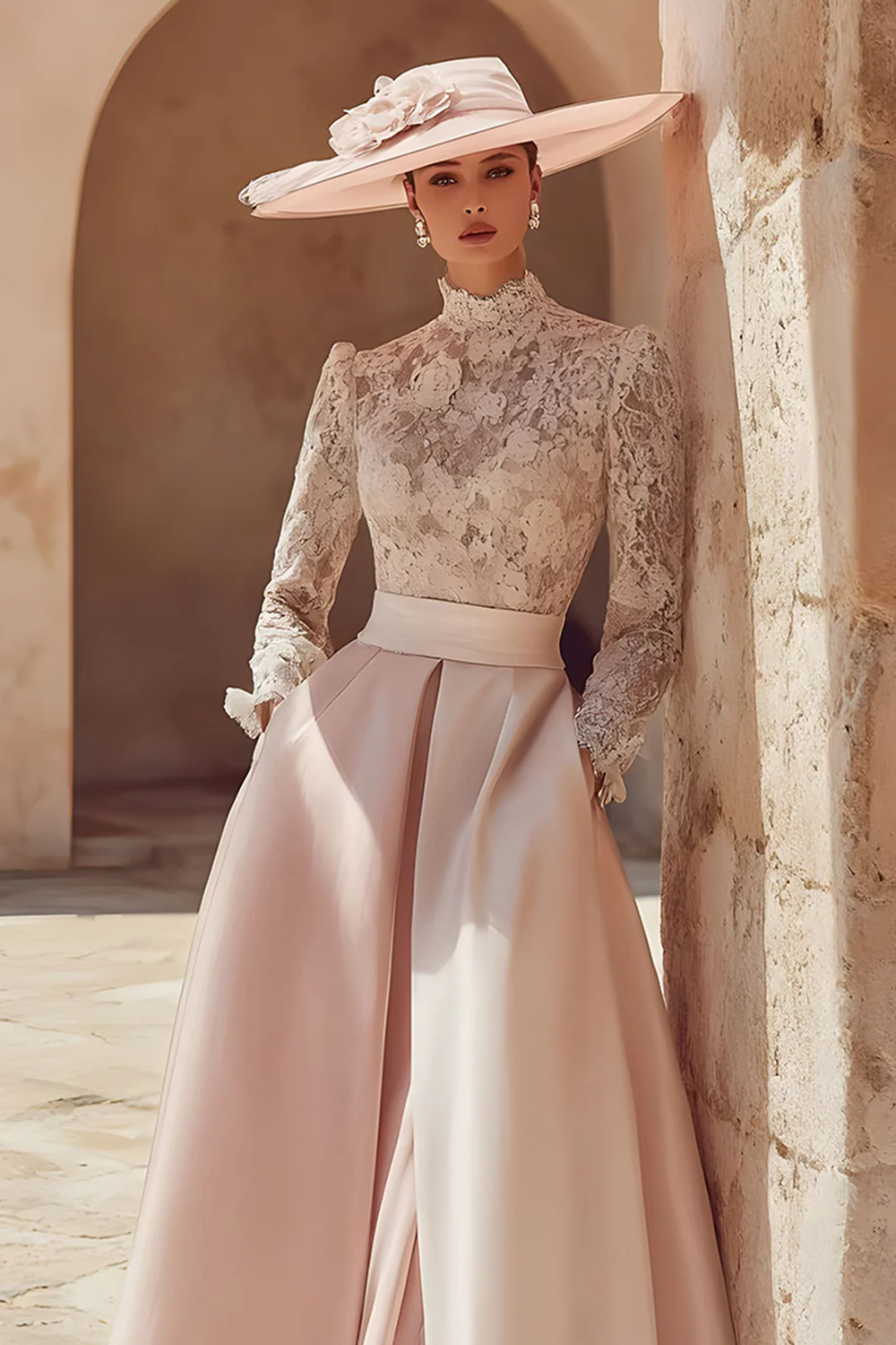 Candy Pink High Neck A Line Long Mother of the Bride Dress with Lace - VNBITS