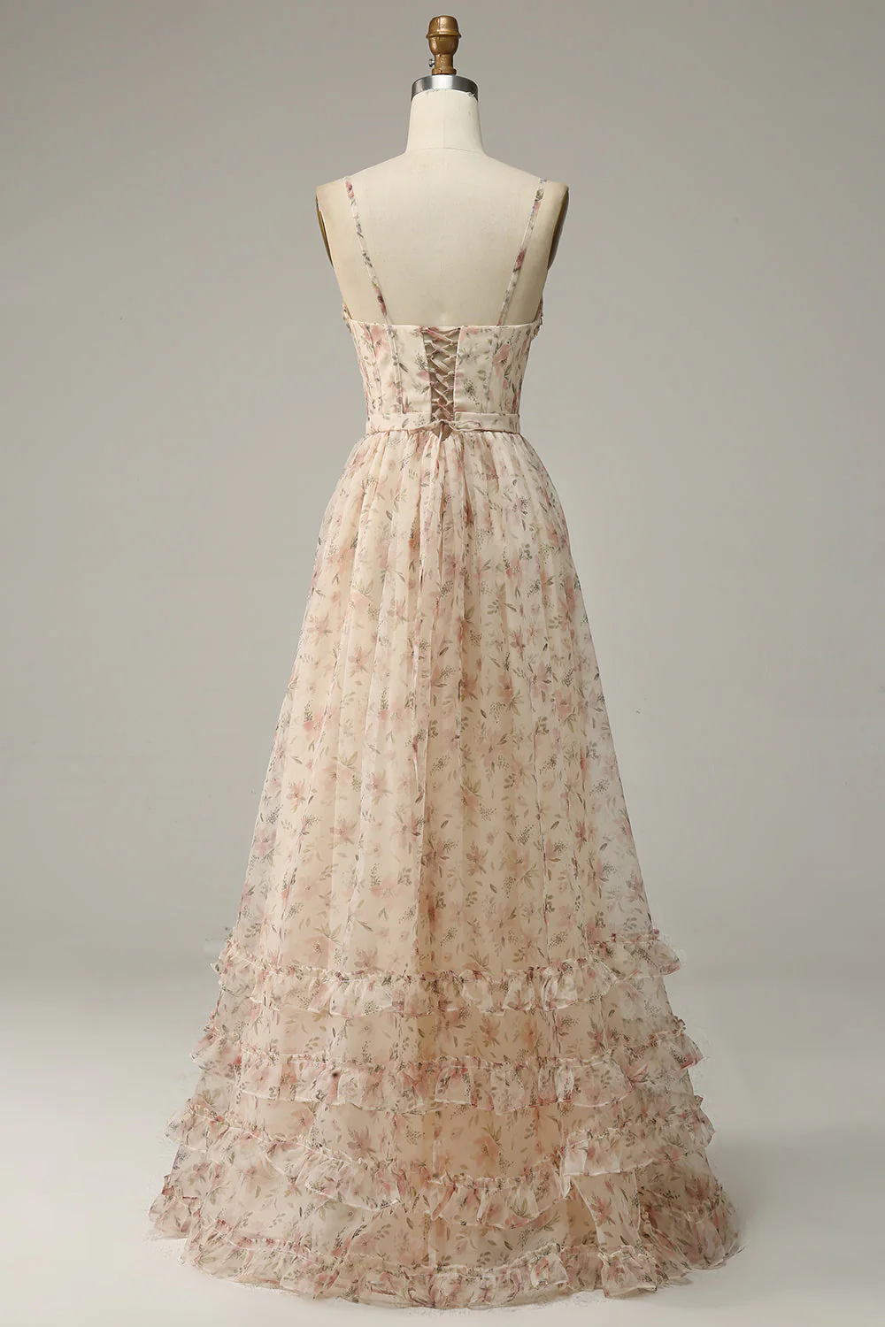 Apricot A Line Print Prom Dress with Slit - VNBITS