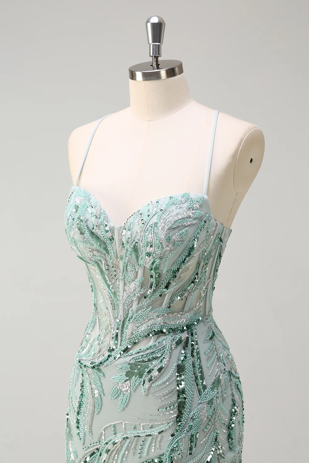 Sparkly Sage Mermaid Sequined Beaded Spaghetti Straps Long Prom Dress - VNBITS