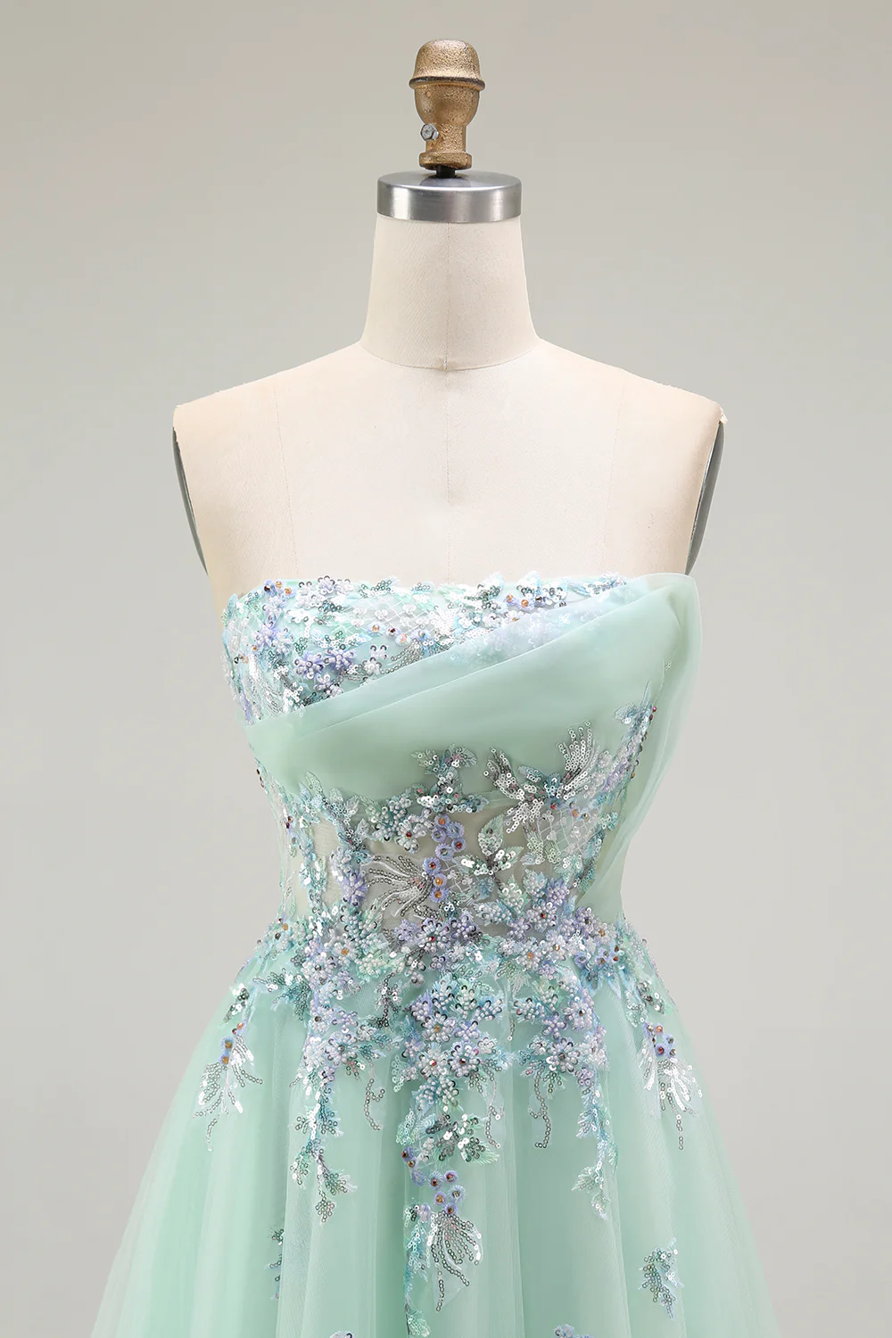 Green Strapless A Line Floral Long Prom Dress with Appliques - VNBITS