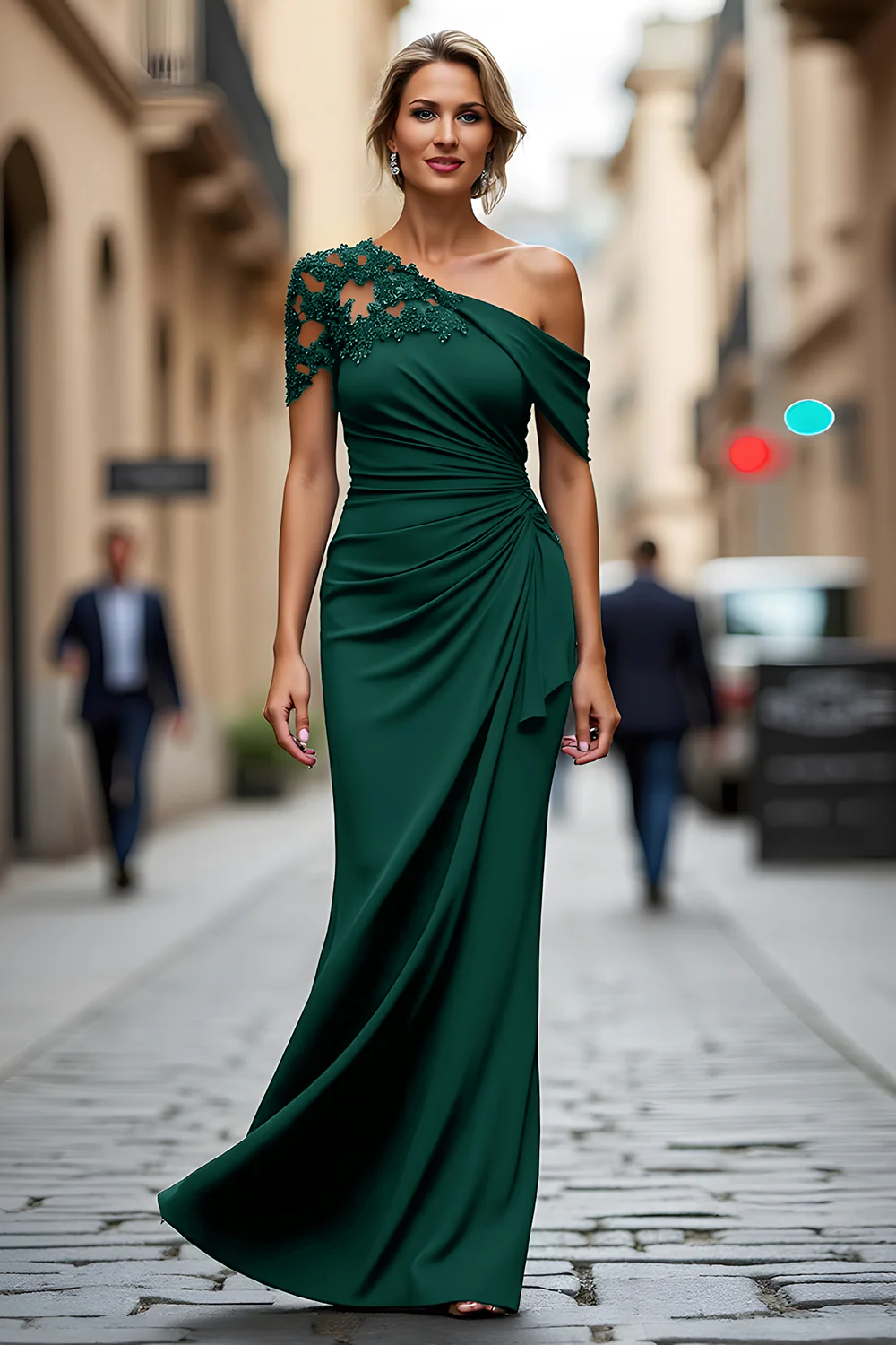 Black One Shoulder Sheath Long Mother of the Bride Dress with Appliques - VNBITS