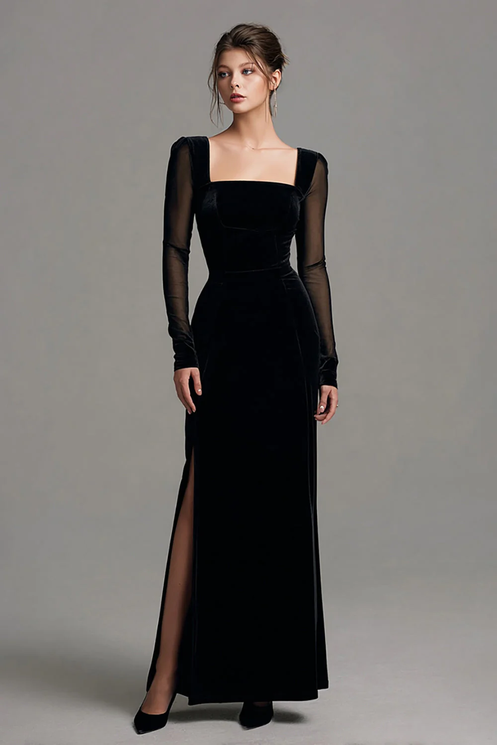 Black Sheath Velvet Square Neck Holiday Party Dress with Slit - VNBITS