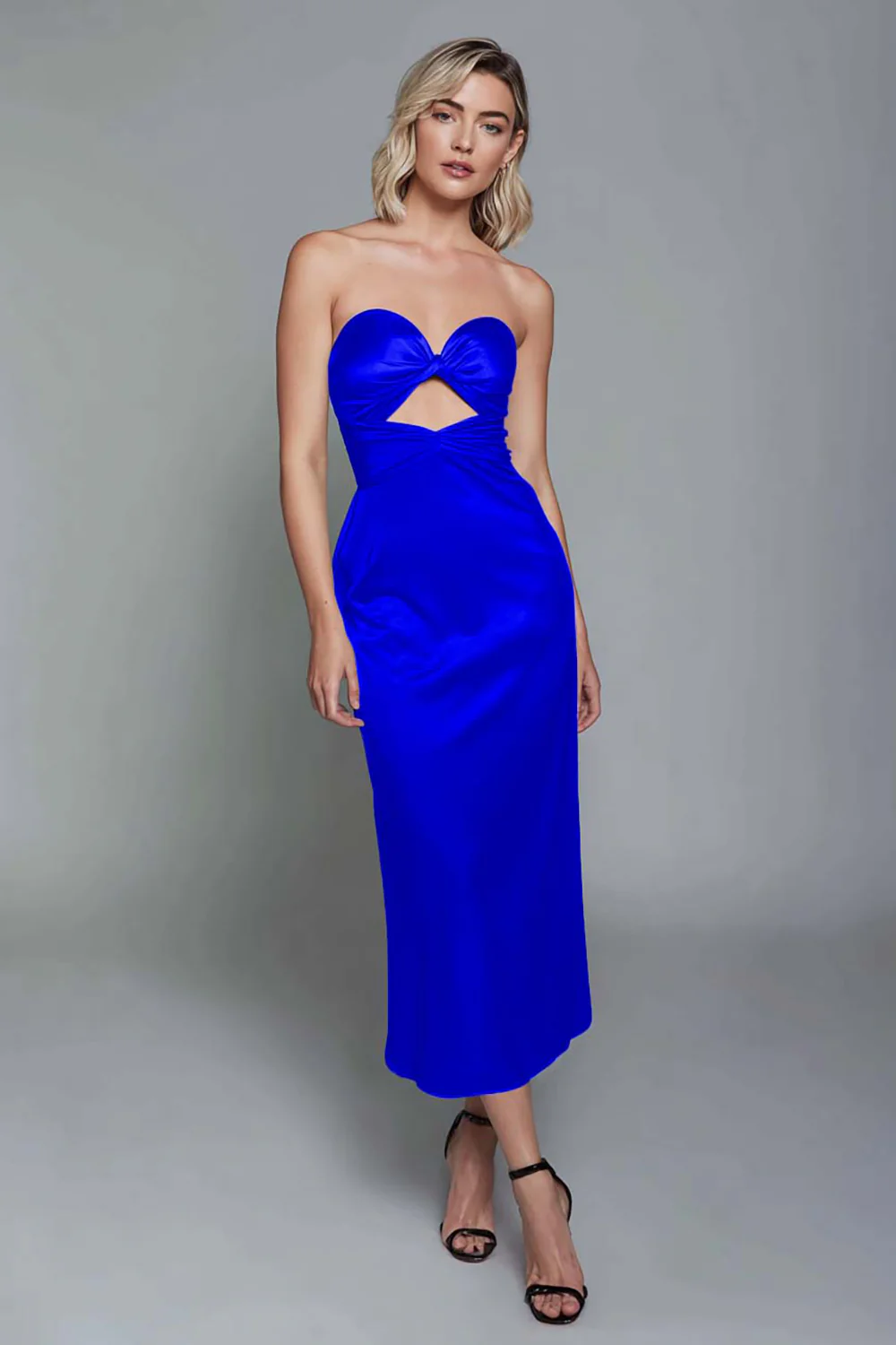 Dusty Blue Sweetheart Sheath Cut Out Satin Ankle Length Formal Dress - VNBITS