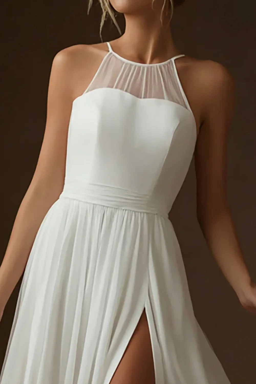 White Halter Chiffon A Line Floor Length Rehearsal Dinner Dress with Slit - VNBITS