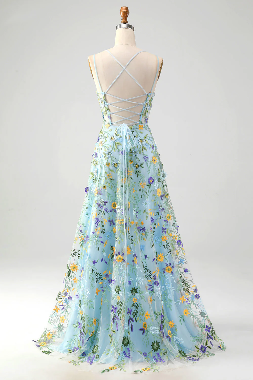 Blue Flower A Line Spaghetti Straps Corset Embroidered Prom Dress with Slit - VNBITS