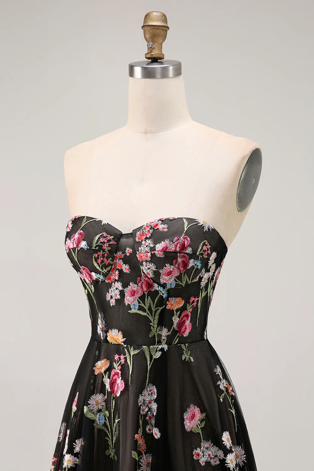 Black Strapless Floral A Line Long Prom Dress - VNBITS