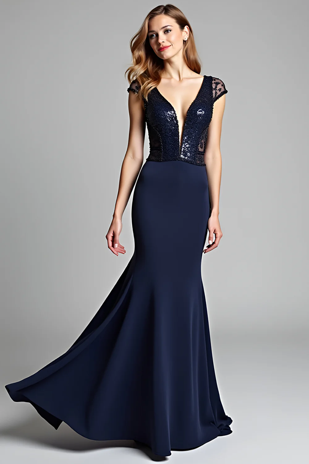 Mermaid Navy Deep V-Neck Long Formal Dress with Cap Sleeves - VNBITS