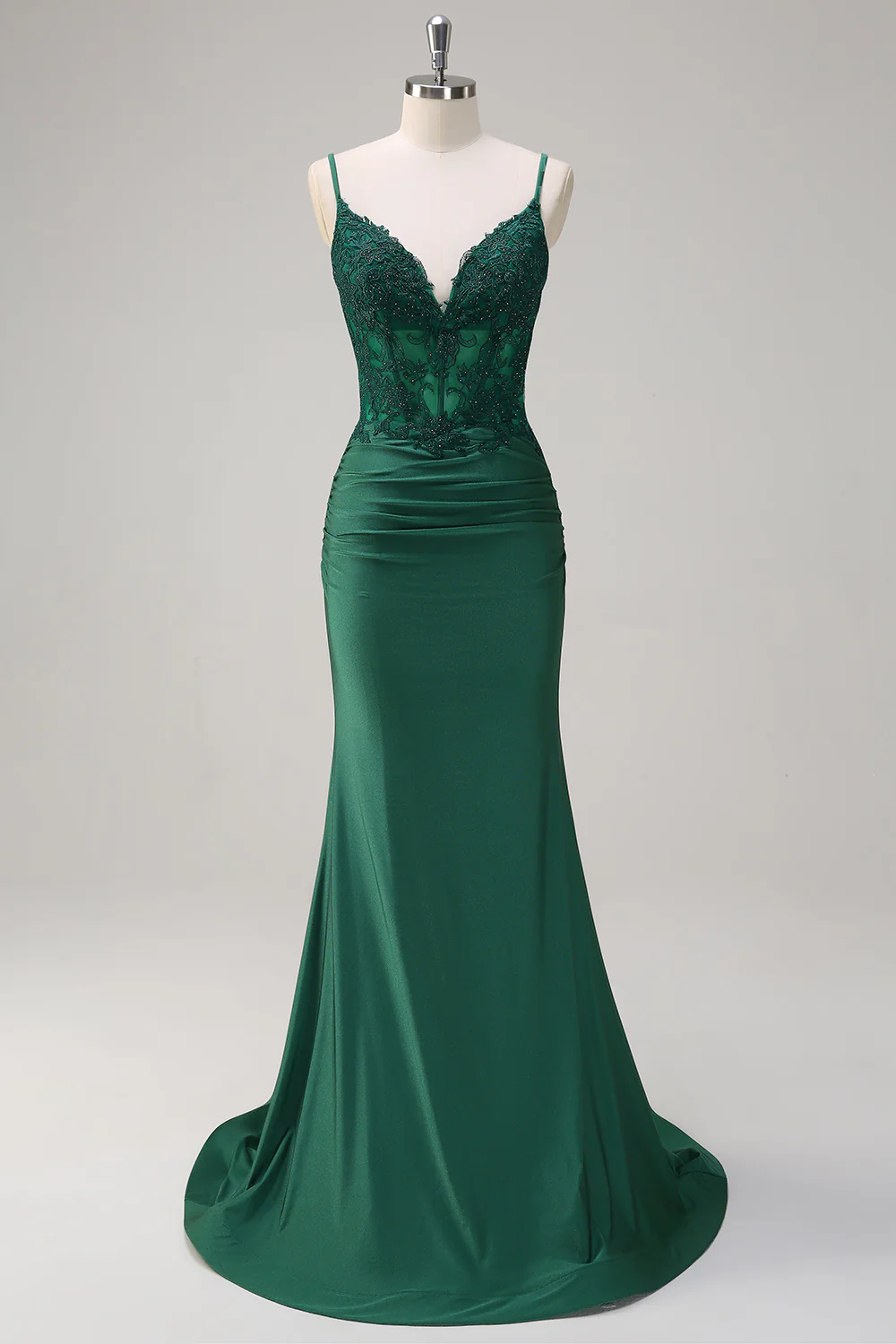 Dark Green V-Neck Mermaid Applique Spaghetti Straps Long Prom Dress - VNBITS