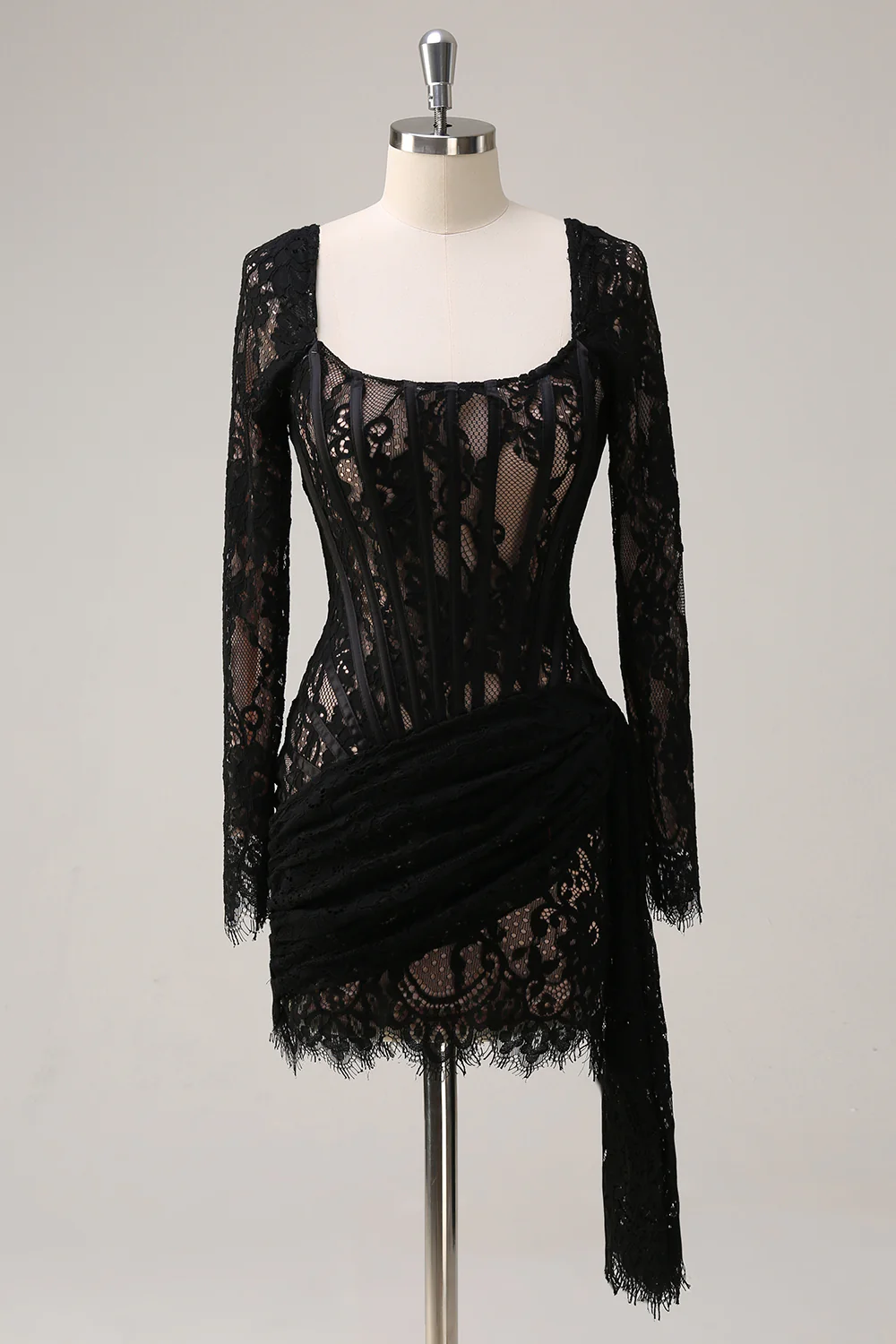 Black Sheath Corset Short Prom Dress with Long Sleeves - VNBITS