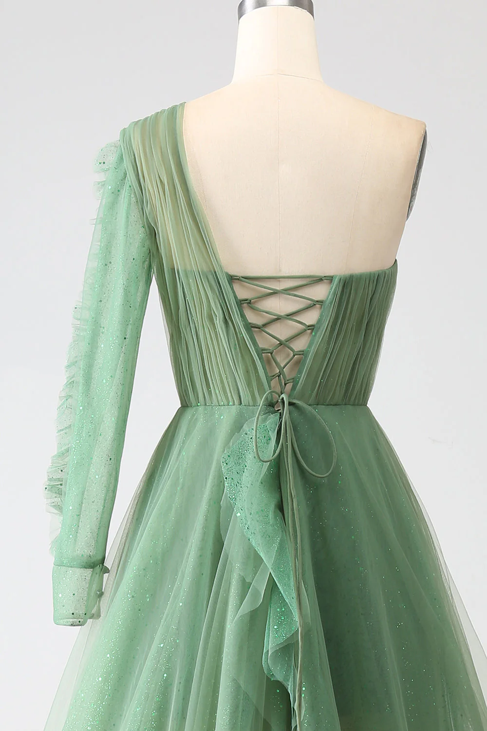Dark Green A-Line One-Shoulder Long Prom Dresses With Long Sleeves - VNBITS