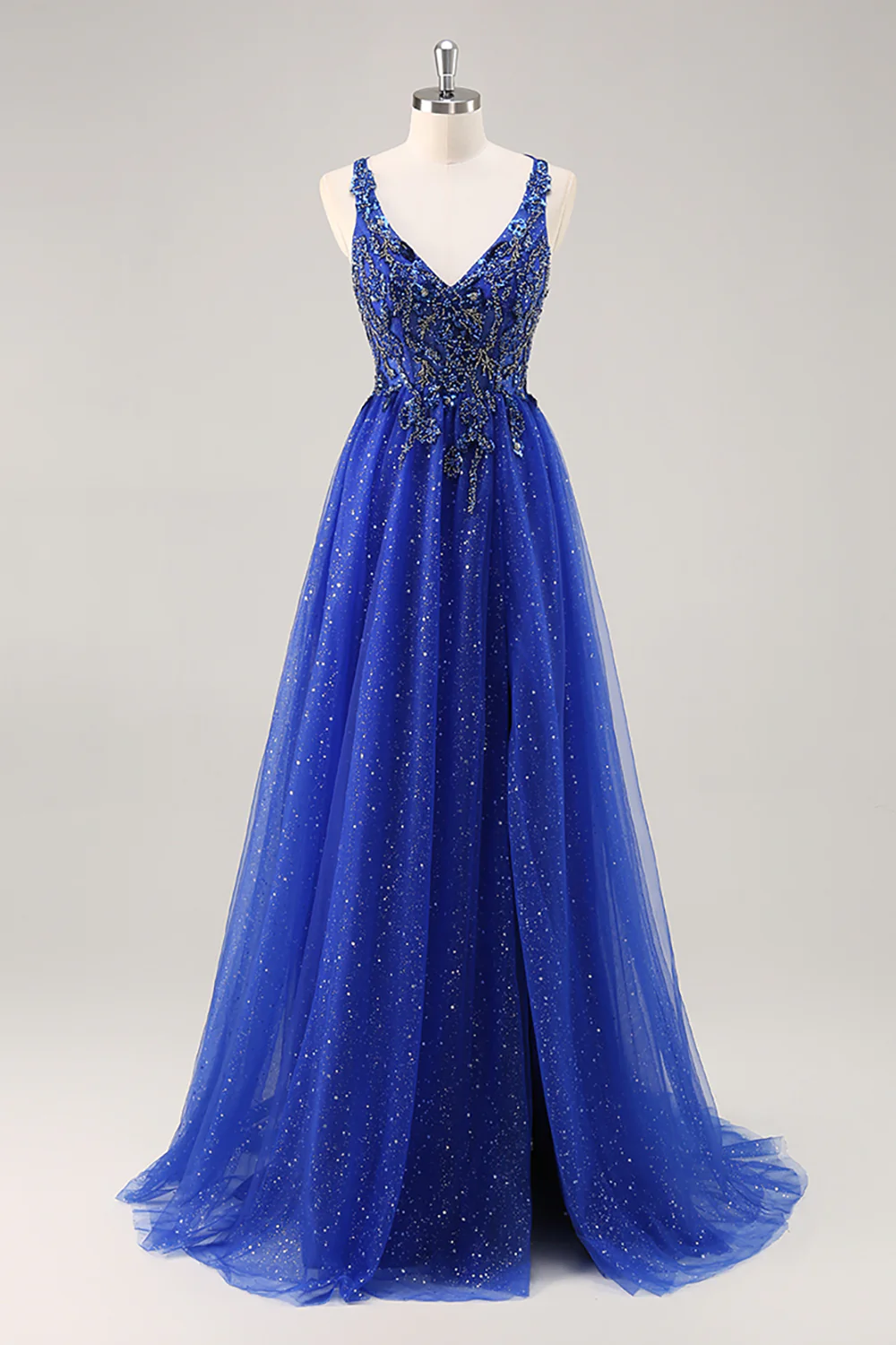 Sparkly Royal Blue Beaded Corset V-Neck Long Prom Dress with Slit - VNBITS