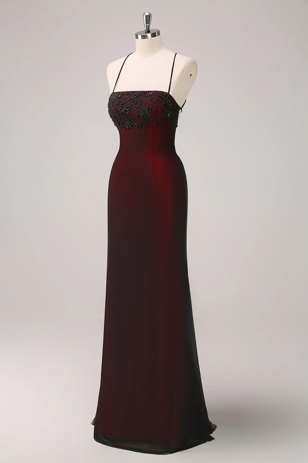 Black Red Spaghetti Straps Mermaid Long Bridesmaid Dress with Beading - VNBITS