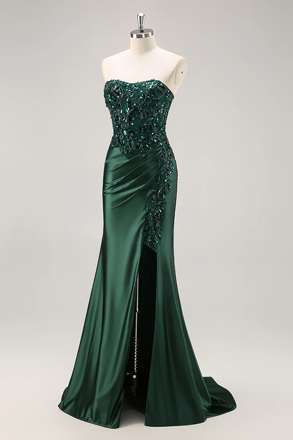 Sparkly Dark Green Corset Satin Mermaid Long Prom Dress with Slit - VNBITS