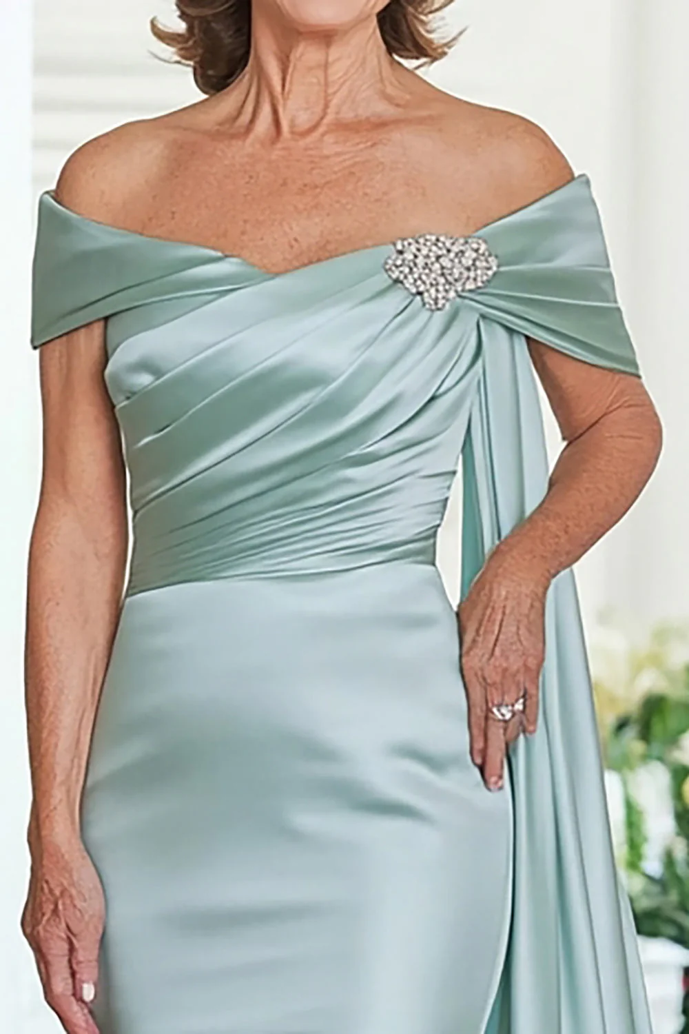Mint Mermaid Satin Streamer Long Mother of the Bride Dress - VNBITS