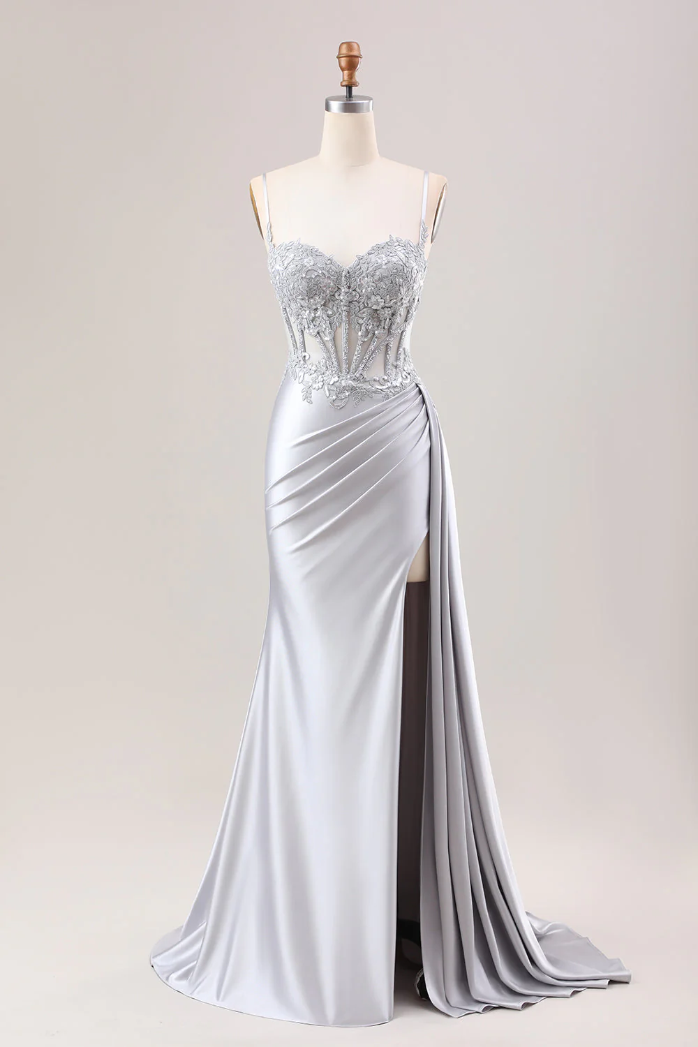 Silver Mermaid Pleated Sheer Long Corset Satin Prom Dress With Slit - VNBITS