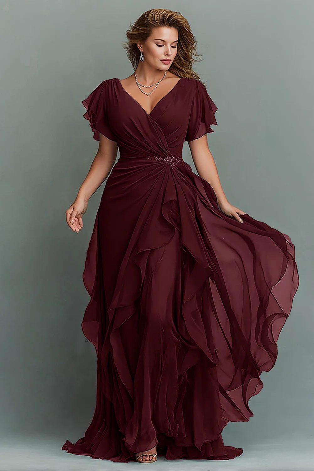 Navy Chiffon V-Neck Ruched Long  with Ruffles - VNBITS