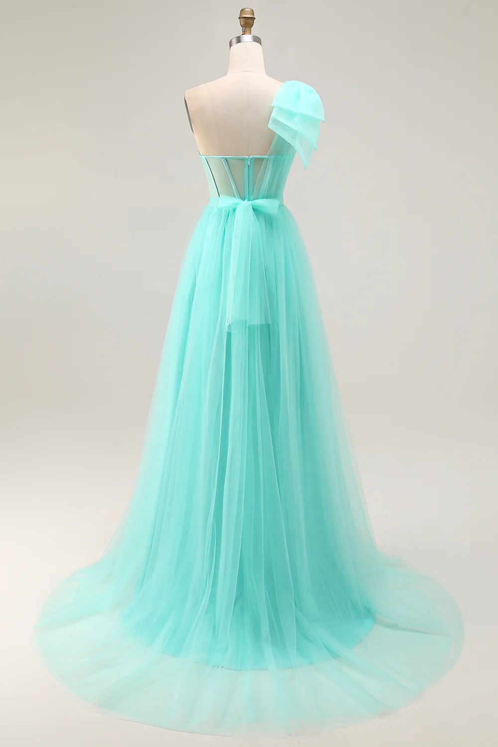 Mint Green Corset One Shoulder A Line Long Wedding Guest Dress with Slit - VNBITS