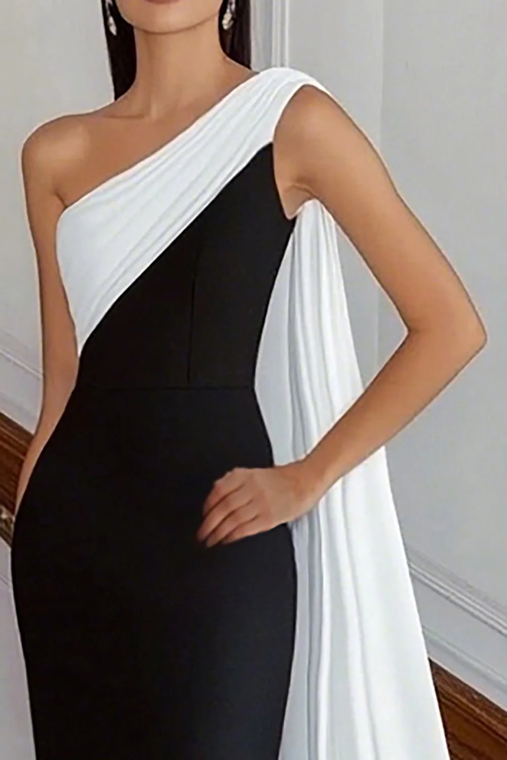 Black White Sheath One Shoulder Long Satin Formal Dress with Side Cape - VNBITS