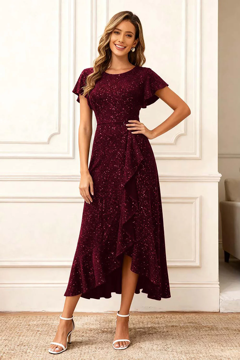 Black Round Neck Midi Glitter Holiday Party Dress with Sleeves - VNBITS