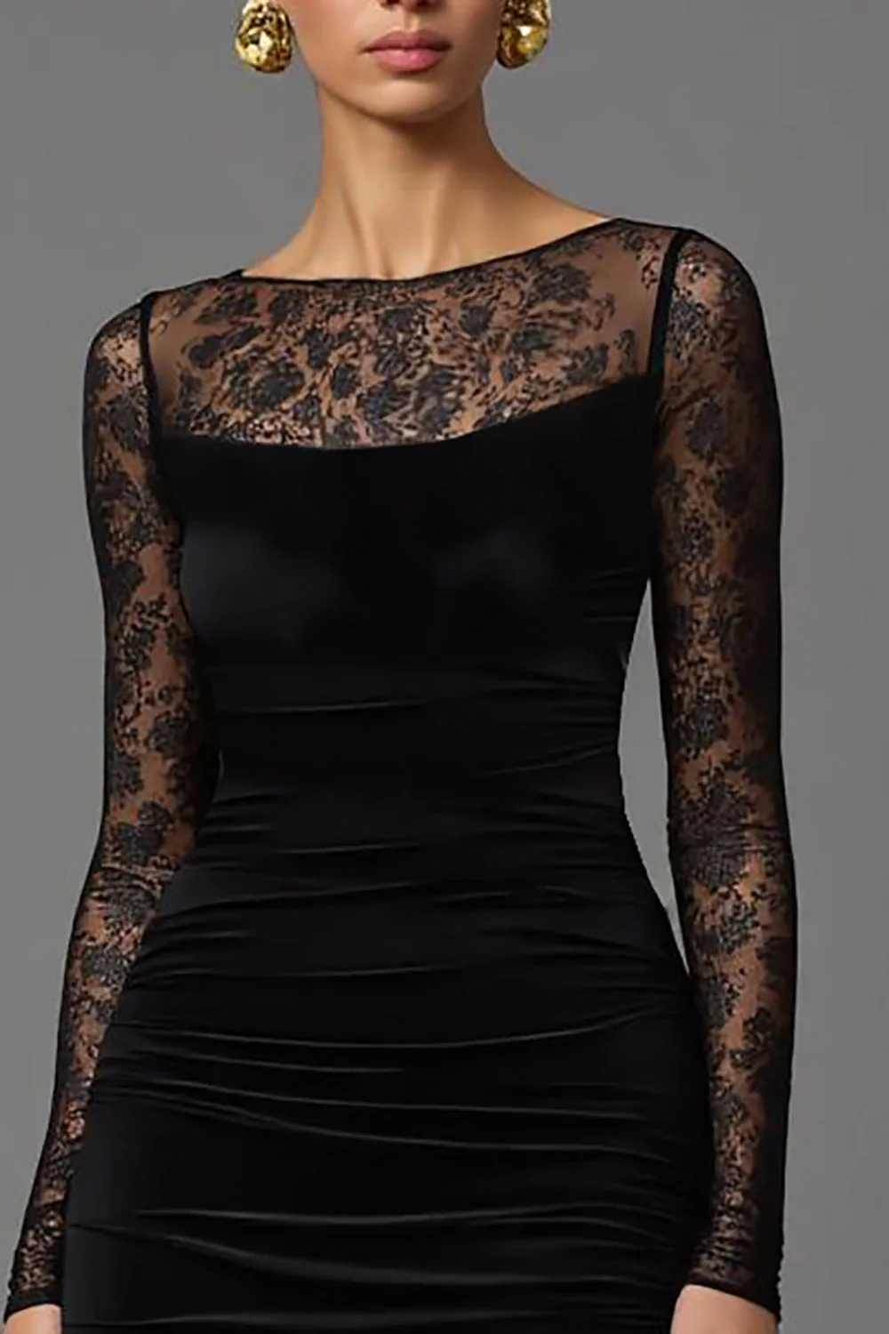 Black Velvet Sheath Illusion Neck Long Formal Dress with Sleeves - VNBITS