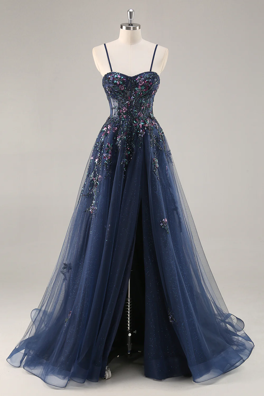 Sparkly Navy Corset Sweetheart Long Prom Dress with Appliques - VNBITS