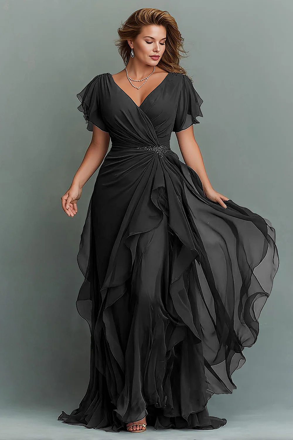 Navy Chiffon V-Neck Ruched Long  with Ruffles - VNBITS