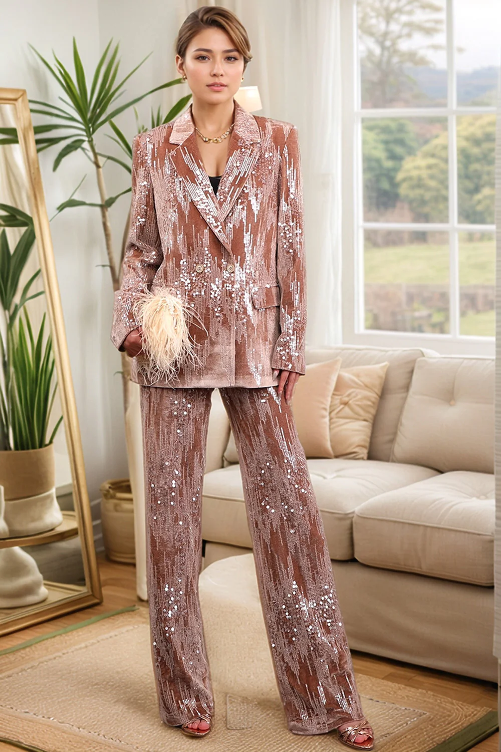 Sparkly Dusty Rose 2 Pieces Notched Lapel Women's Prom Suits with Feather - VNBITS