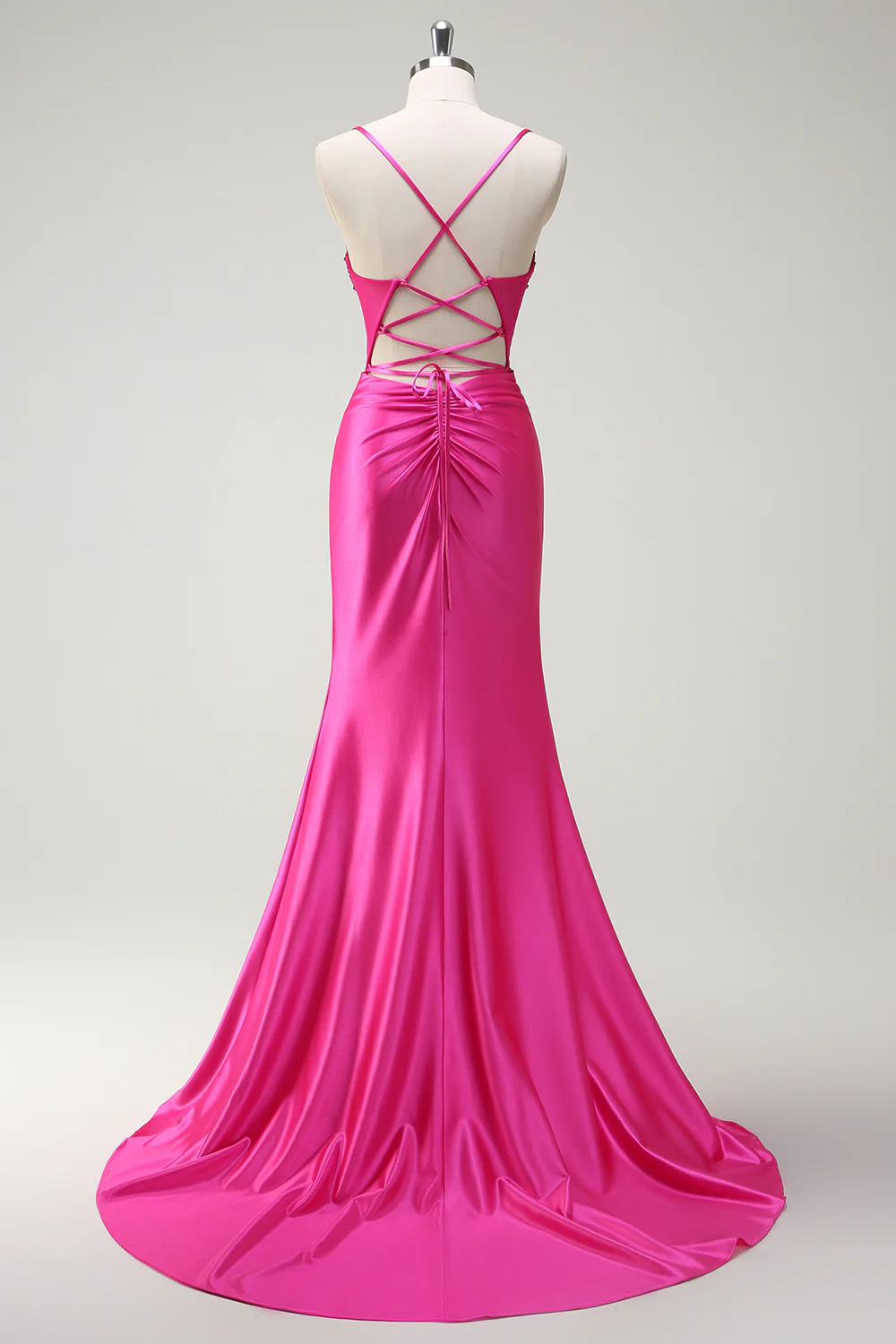 Fuchsia Spaghetti Straps Beaded Mermaid Long Prom Dress with Slit - VNBITS