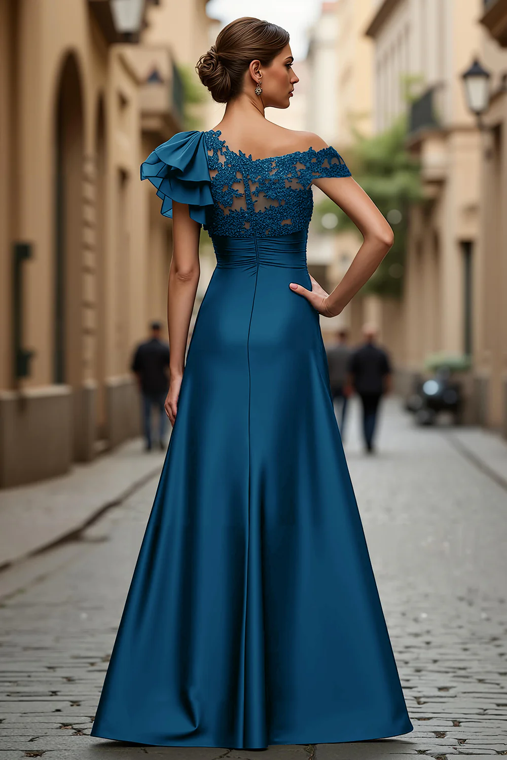 Black Chiffon Ruffled One Shoulder Long Mother of the Bride Dress with Lace - VNBITS
