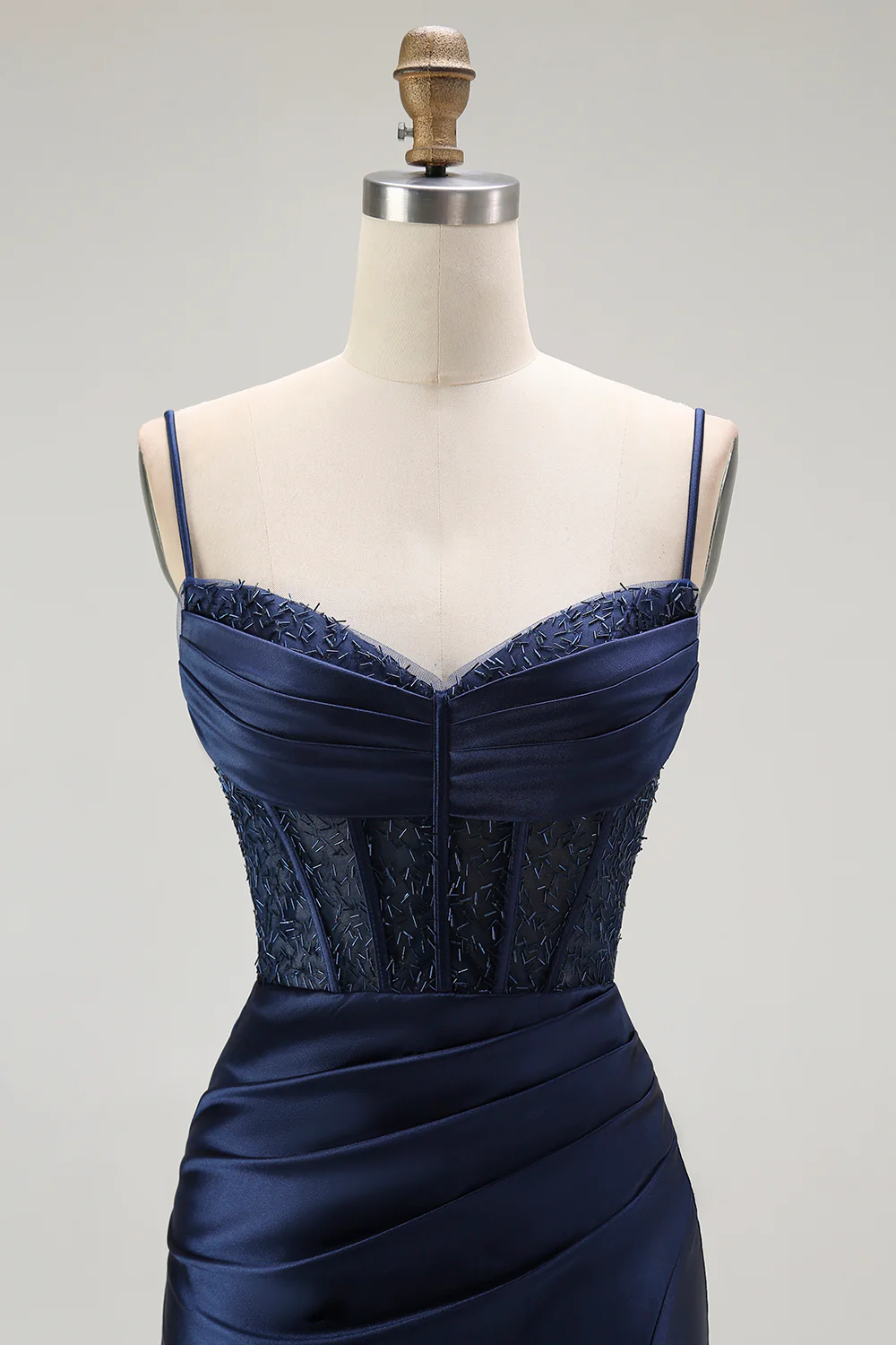 Sparkly Navy Satin Mermaid Long Corset Prom Dress with Beading - VNBITS