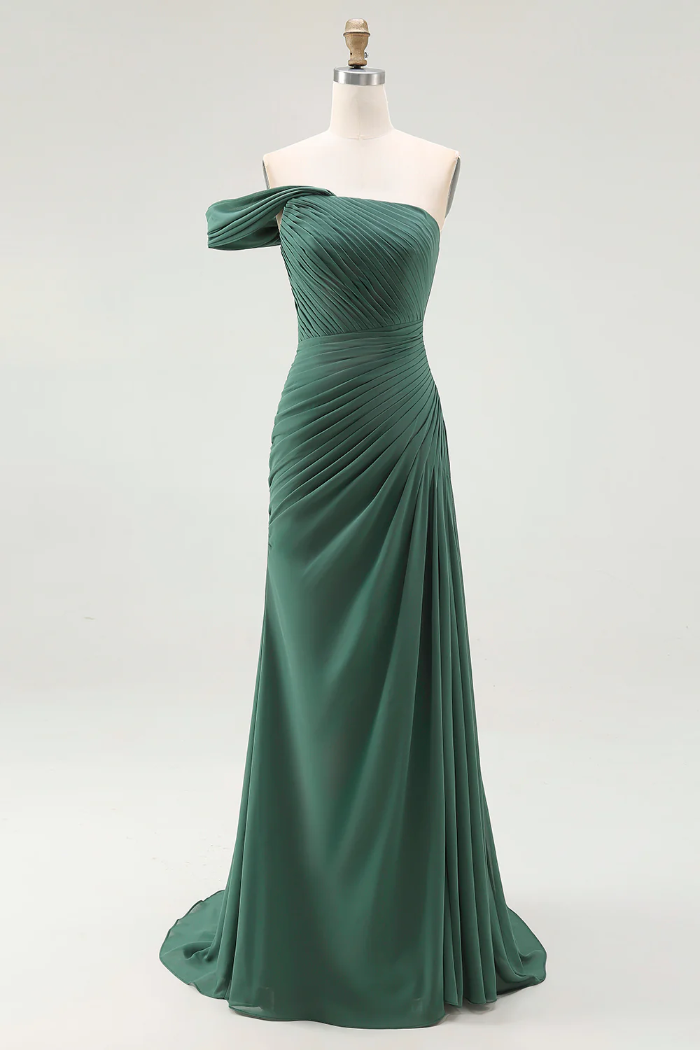 Mermaid Dark Green One Shoulder Pleated Long Formal Dress - VNBITS