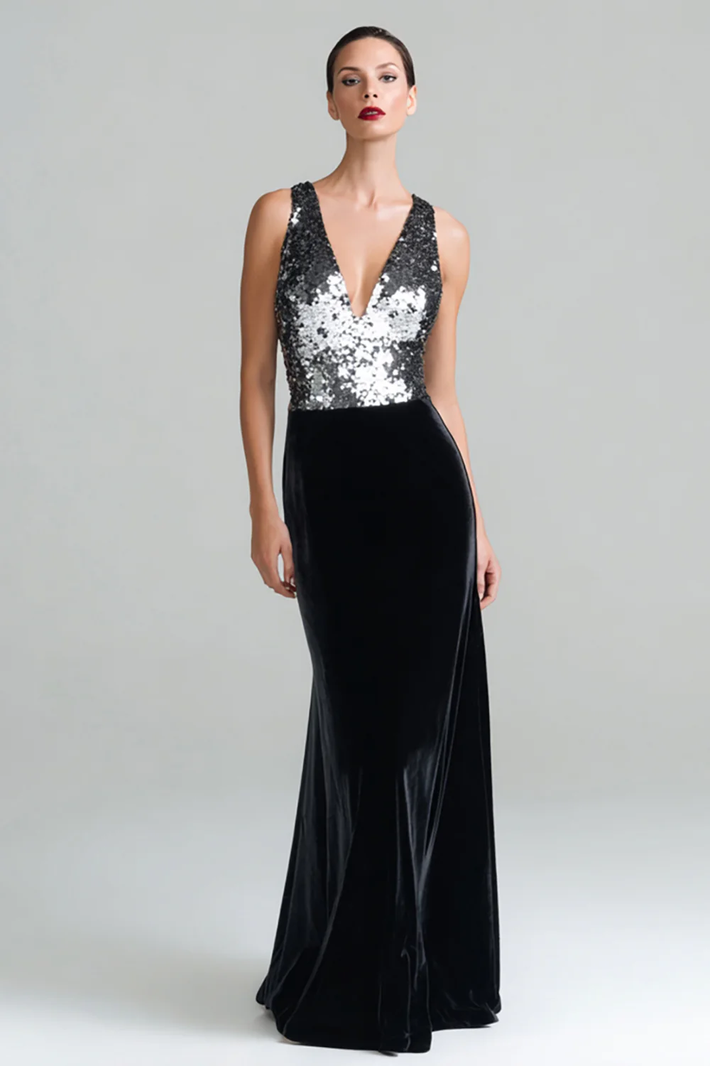 Sparkly Black and Silver Velvet V-Neck Long Holiday Party Dress with Sequins - JUORTHO